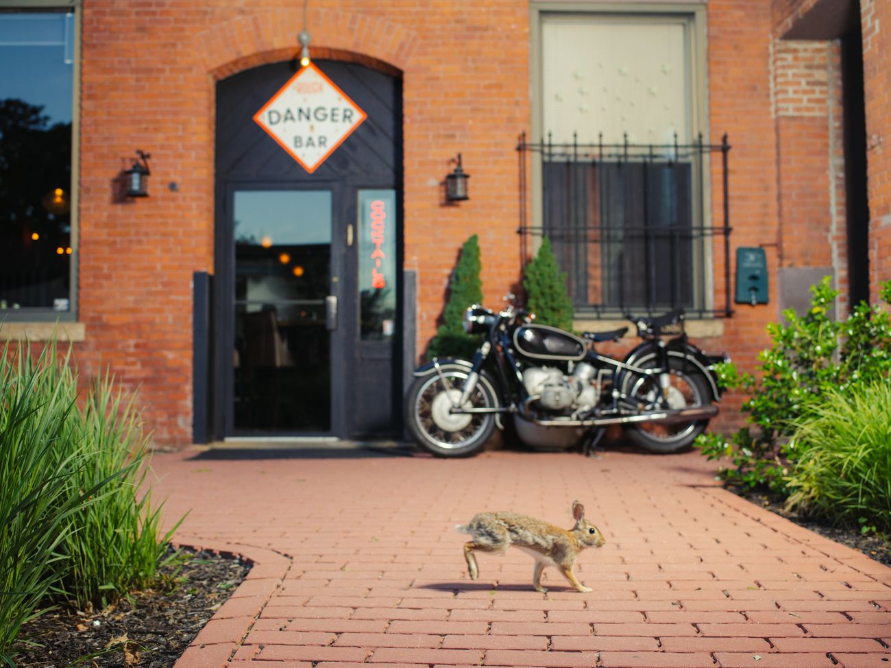 The Danger Bar storefront with the diamond sign and a vintage motorcycle.